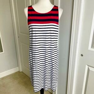 Tommy Bahama Red White Blue Stripe Stretchy Sleeveless Dress with Pockets Large